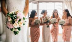 the bride and her bridesmaids are all dressed in pink dresses with bouquets