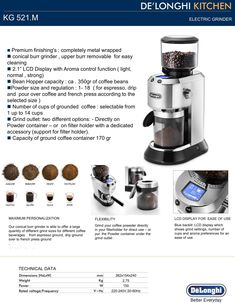 the delonghi kitchen coffee maker is shown in this brochure with instructions