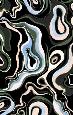 an abstract painting with black, white and blue swirls in the center on a black background