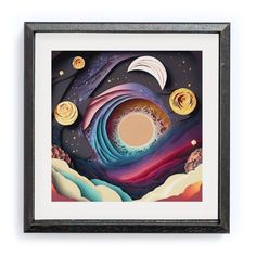 an abstract painting with different colors and shapes on the paper, framed in a black frame