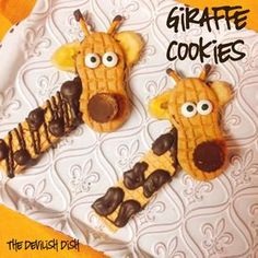 three giraffe cookies with chocolate on them