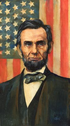 a painting of abraham lincoln in front of an american flag