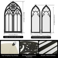 the measurements for an arched window with decorative designs on each side and below it are shown