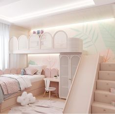 a bedroom with stairs leading up to the bed and desks on either side of it