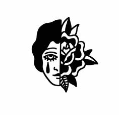 a black and white drawing of a woman's face with flowers in her hair