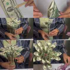 dollar bill origami flowers being made out of money