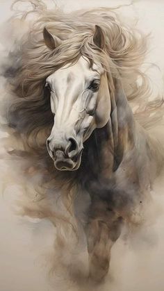 a painting of a horse with long hair blowing in the wind