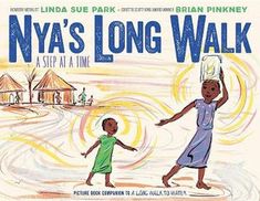 an illustrated book cover for nya's long walk, with two children playing on the beach