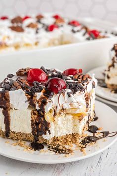 a piece of cake on a plate with cherries