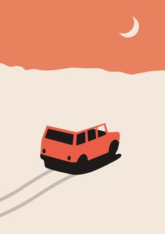 an orange car is driving through the desert at sunset with a half moon in the sky