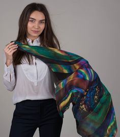 Unique scarf Abstract scarf multicolored , executed in the technique of batik-painting on natural silk This scarf can be a wonderful accessory in a women's wardrobe, a fashionable addition in a women's outfit both in a business suit and in a casual outfit. Very light, airy, soft to the touch. It is easily washed at a water temperature of no higher than 30 degrees, dried in a towel and immediately ironed from the inside out, we set the temperature of the iron as if ironing cotton. Bohemian Batik Print Silk Scarf, Bohemian Silk Scarves For Gifts, Bohemian Silk Scarves As Gifts, Multicolor Print Silk Scarf, Multicolor Silk Scarf For Party, Artsy Multicolor Silk Scarf For Artistic Expression, Multicolor Silk Shawl Scarf, Bohemian Scarf With Abstract Print, Bohemian Multicolor Scarf With Abstract Print