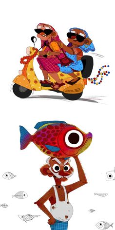 two cartoon fish riding on the back of a motor scooter