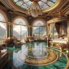 an elaborate bedroom with green marble flooring and large round window overlooking the valley below