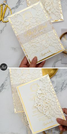 two pictures of the inside of a wedding card with gold foil and white paper on it