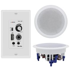 a white ceiling speaker next to a control panel and wall mountable speaker with two different types of speakers on each side