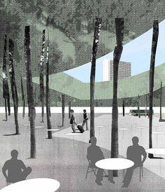 people sitting at tables in an open area with tall trees and buildings behind them,