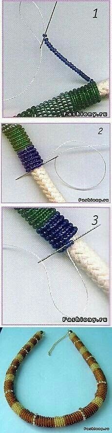 three pictures showing how to make a beaded necklace with beads and thread, along with instructions on how to do it