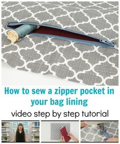 how to sew a zipper pocket in your bag lining video step by step instructions