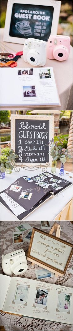 there are many different pictures on the table and in front of them is a sign that says guest book