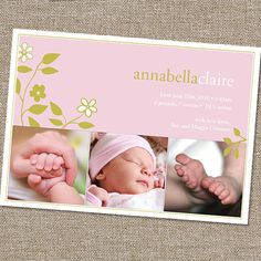 the birth announcement card is shown with three photos and flowers on it, including one baby's feet