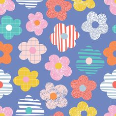 colorful flowers and hearts on a blue background