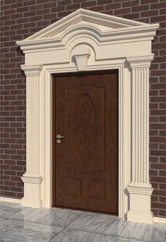 the front door is made of wood and has an arch with a decorative design on it