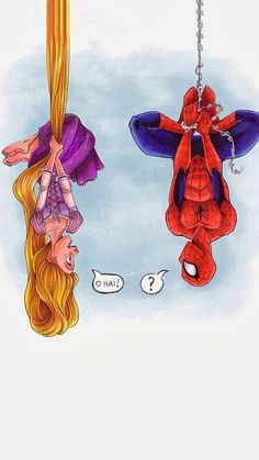 two cartoon characters hanging upside down in the air, one with blonde hair and another with blue eyes