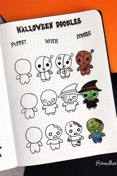 an open halloween doodle book with various cartoon characters on the page and in it