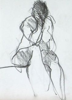 a pencil drawing of a woman with her back turned to the side, sitting on a chair