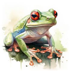 a watercolor painting of a frog with red eyes