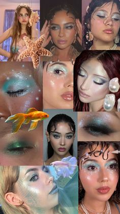 Mermaid makeup looks Mermaid For Halloween, Mermaid Costume Women Aesthetic, Sea Themed Makeup, Women Mermaid Costume, Mermaid Drag Makeup, Mermaid Siren Outfit, Sebastian Makeup Little Mermaid, Mermaid Inspo Outfit, Mermaid Costume Hair