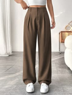 Braun Lässig Collar  Polyester Einfarbig Breites Bein Embellished Undehnbar Leg Outfit, Formal Pants Women, Wide Leg Outfit, Casual Work Pants, Work Pants Women, Casual Wide Leg Pants, Women Pants, Pantalon Large, Wide Pants