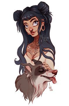 a drawing of a woman with tattoos and a wolf's head in front of her