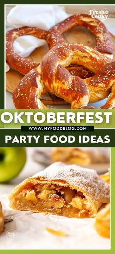 Giant bavarian pretzels and apfel strudel or apple strudel for Oktoberfest. Vegetarian Octoberfest Recipes, Bavarian Themed Party, Oktoberfest Desserts Easy, October Fest Desserts, Oktoberfest Food For A Crowd, German Appetizers Oktoberfest Party, Oktoberfest Appetizers