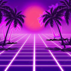 an old school style computer background with palm trees and the sun in the distance,