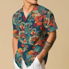 Introducing our Hawaiian Shirt for men, featuring vibrant floral patterns and a comfortable button-up design, perfect for the travel-loving boho enthusiast. This retro vacation wear blends style and comfort effortlessly, making it an ideal casual button-down choice for those seeking laid-back charm with a touch of nostalgia. 𝐃𝐄𝐓𝐀𝐈𝐋𝐒 🌴95% Polyester | 5% Spandex 🌴Boxy fit, straight cut 🌴Runs large, check your measurements against size chart 🌴Includes Chest Pocket 🌴Colors may appear dif Tropical Vacation Outfits, Retro Vacation, Shirt Outfits, Flower Button, Boho Shirt, Mens Casual Dress Outfits, Blue Hawaiian, Boho Shirts, Vacation Wear