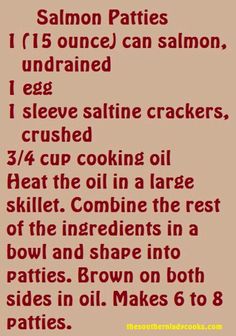 the recipe for salmon patties is shown in red and black text on a beige background