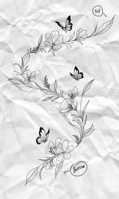 some flowers and butterflies are drawn on white paper with the word bottom right in black ink