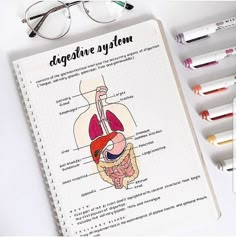 an open notebook with diagram of the human body on it next to markers and pens