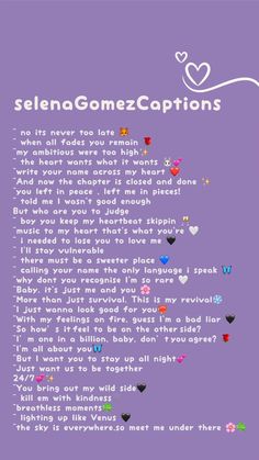 the poem for selena gomeez captions on purple background with hearts