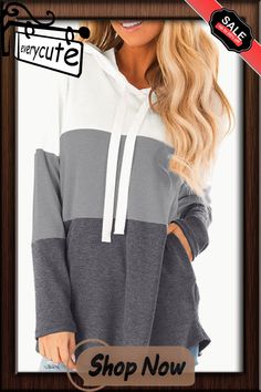 Gray Color Block Long Sleeve Drawstring Hoodie Drawstring Hoodie, Sweatshirts Women, Hoodies Womens, Color Block, Gray Color, Fall Winter, Shop Now, Sweatshirts, Grey