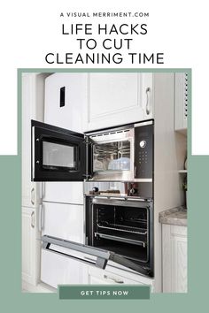 an advertisement for a new kitchen appliance with the words, life hacks to cut cleaning time get tips now