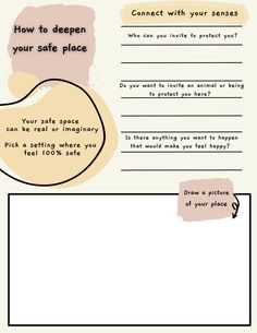 Safe Place Visualization, Building My Safe Space Worksheet, Creating A Safe Space, Safe Space Ideas, Safe Place Worksheet, Emdr Kids, Place Worksheet, Cbt Therapy Worksheets