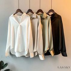 Lasaky - Chic and Luxurious Long-Sleeve Satin Shirt with Retro Design Haut Transparent, Blouse Korean Style, Silk Shirts, White Long Sleeve Shirt, Vintage Blouse, One Clothing, Satin Shirt, Satin Blouse, Elegant Shirt