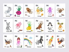 an image of children's handprints with different animals and letters on them