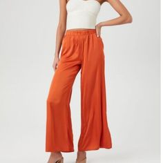 Satin Vented-Hem Wide-Leg Pants. Orange. Size M Stretch High-waisted Viscose Pants, Spring Wide Leg Viscose Bottoms, Spring Viscose Wide Leg Bottoms, Spring Viscose Wide-leg Bottoms, Solid Viscose Trousers, Chic High Waist Viscose Bottoms, Wide Leg Rayon Lounge Pants, Chic High Waist Rayon Bottoms, Casual Summer Wide Leg Viscose Pants