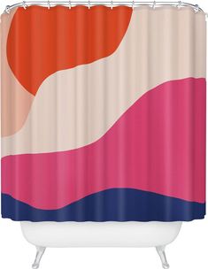 a shower curtain with an orange, pink and blue design on the bottom half of it