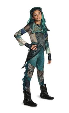 Uma Descendants, Teal Jumpsuit, Coat Tails, Up Halloween Costumes, Descendants Party, Disney Descendants 3, China Anne Mcclain, Anne Mcclain