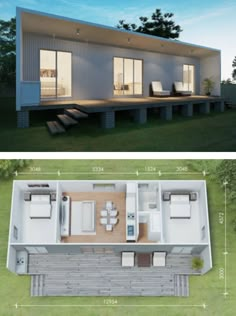 two views of the same house from above and below, with measurements for each room