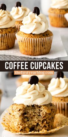 coffee cupcakes pin with text overlay Coffee Frosting, Espresso Cupcakes, Coffee Cupcakes, Coffee Cheesecake, Creamy Coffee, Easy Cupcakes, Espresso Powder, Coffee Dessert, Pie Cake